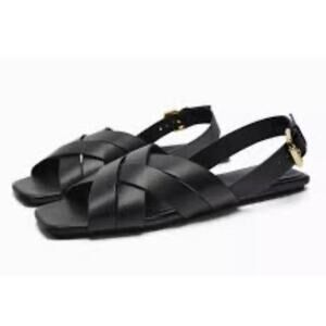 Zara Black Braided Slingback Flat Sandals